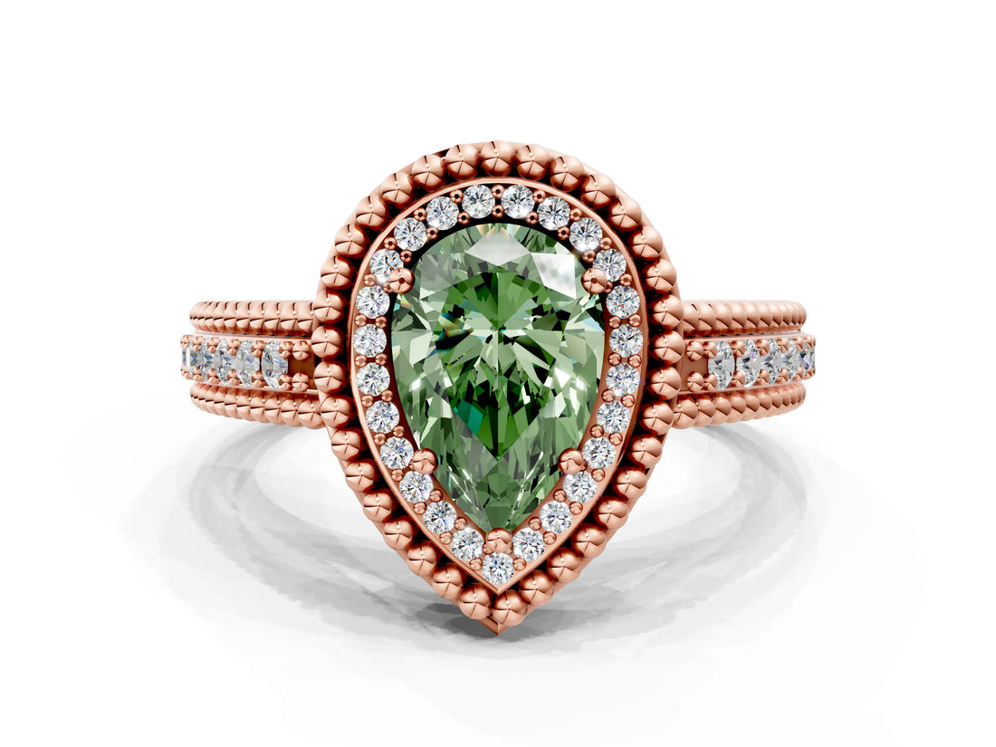 Rose gold Fancy Green Pear Cut Halo Diamond Ring with Beaded Split Shank and Four-Prong Setting
