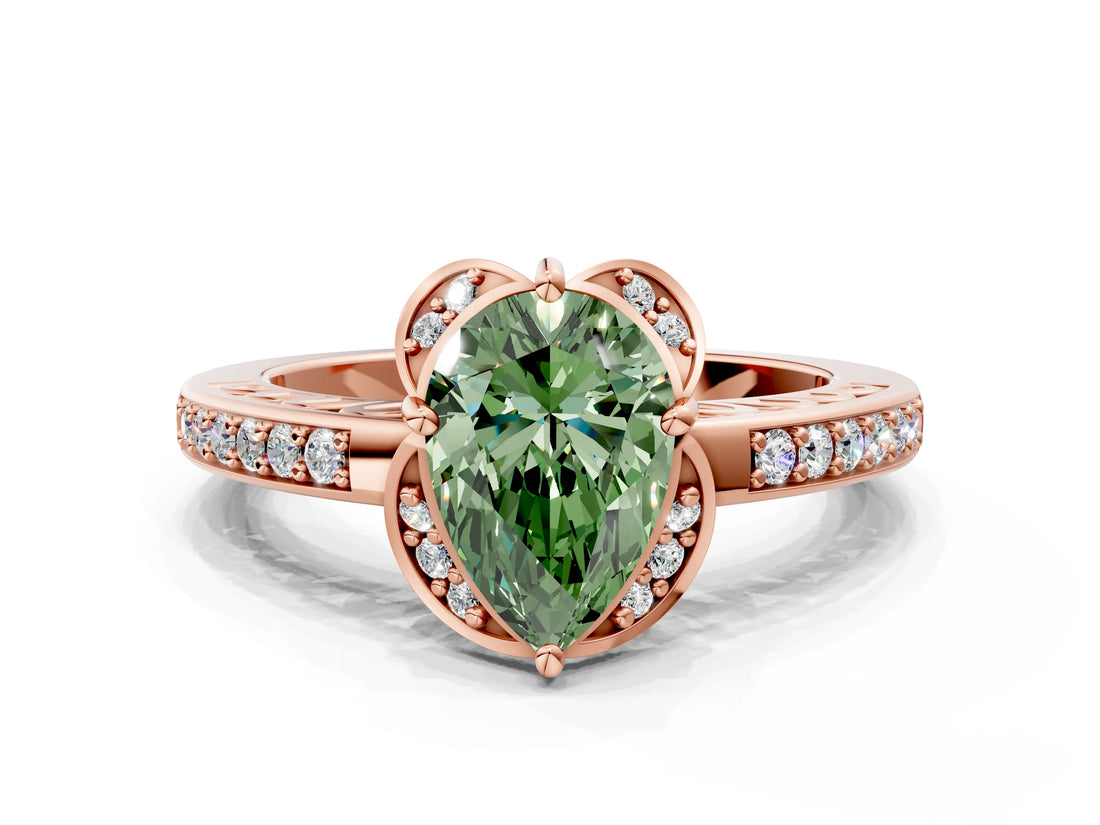 Rose gold Fancy Green Pear  Cut Halo Diamond Ring with Channel Set Band and Four-Prong Setting_32