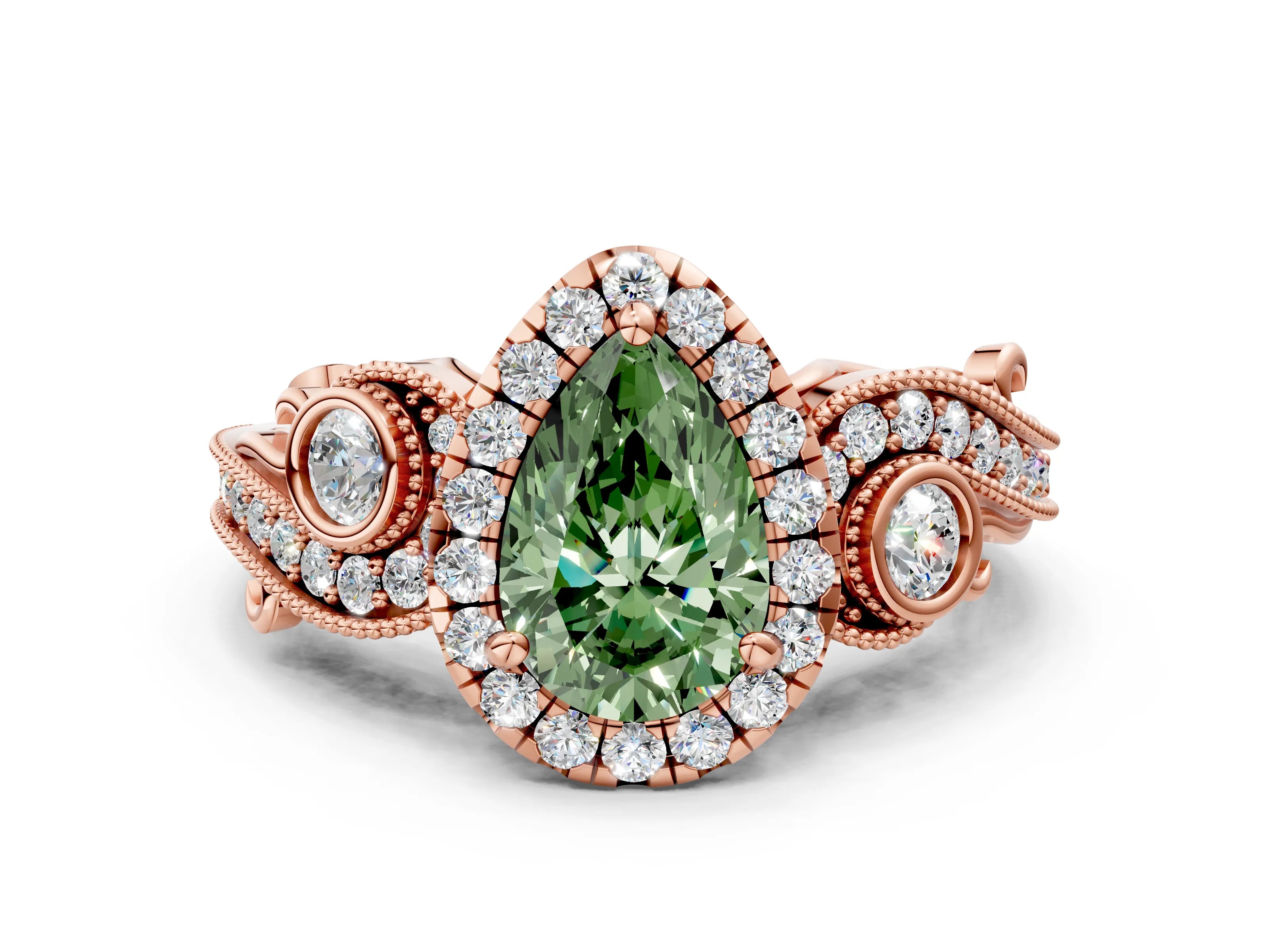 Rose gold Fancy Green Pear Cut Halo Diamond Ring with Milgrain and Bezel Accents on a Split Shank Band