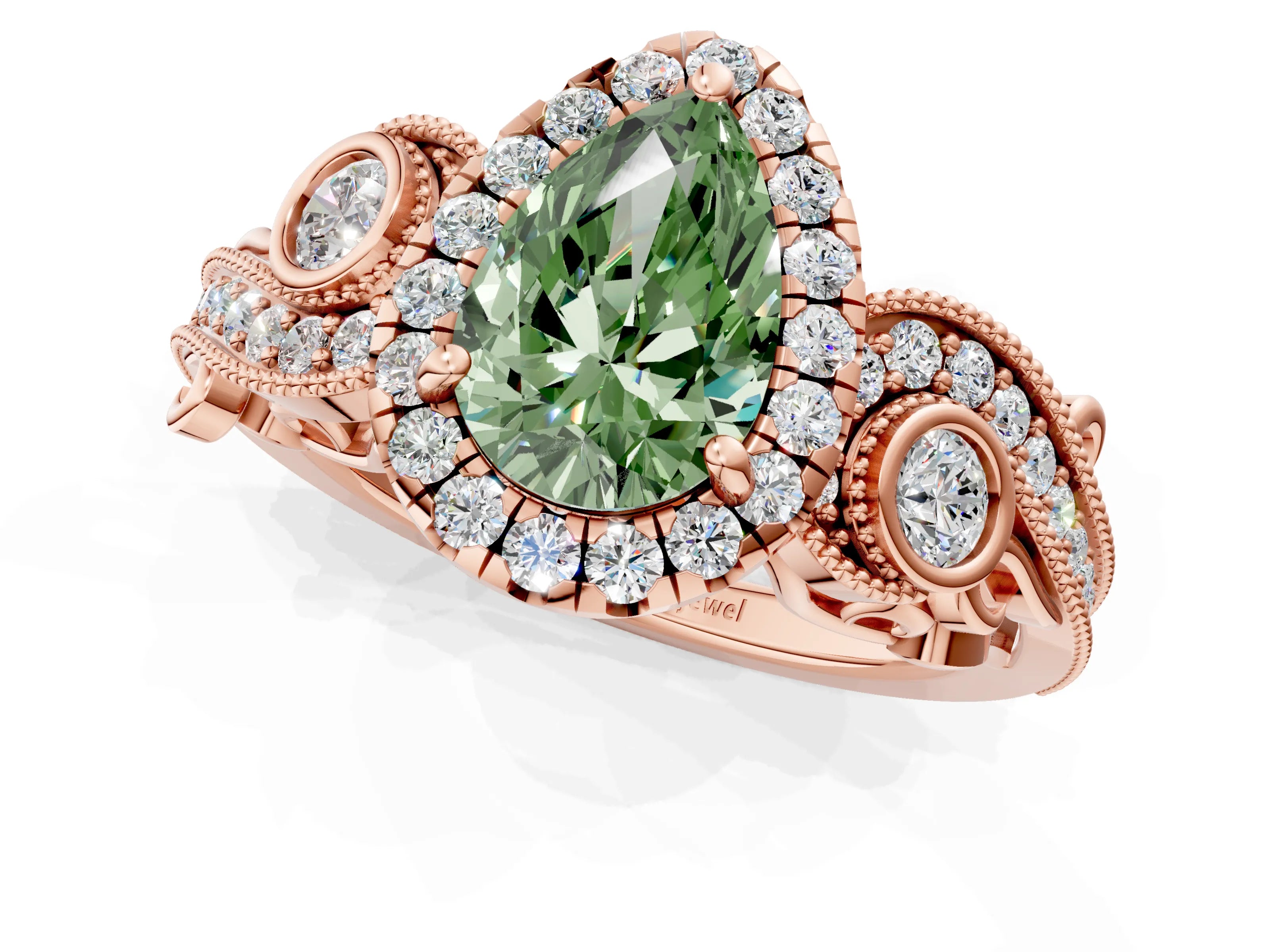 Rose gold Fancy Green Pear Cut Halo Diamond Ring with Milgrain and Bezel Accents on a Split Shank Band_1