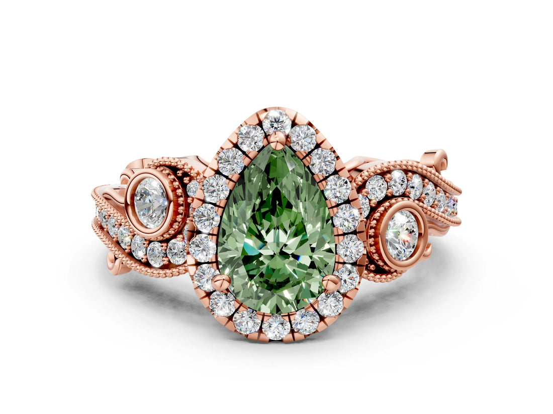 Rose gold Fancy Green Pear Cut Halo Diamond Ring with Milgrain and Bezel Accents on a Split Shank Band_12