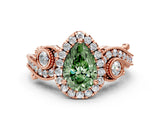 Rose gold Fancy Green Pear Cut Halo Diamond Ring with Milgrain and Bezel Accents on a Split Shank Band_12