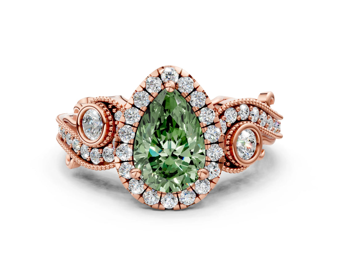 Rose gold Fancy Green Pear Cut Halo Diamond Ring with Milgrain and Bezel Accents on a Split Shank Band_12