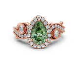 Rose gold Fancy Green Pear Cut Halo Diamond Ring with Milgrain and Bezel Accents on a Split Shank Band_12
