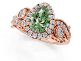 Rose gold Fancy Green Pear Cut Halo Diamond Ring with Milgrain and Bezel Accents on a Split Shank Band_13