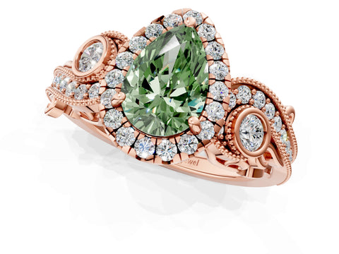 Rose gold Fancy Green Pear Cut Halo Diamond Ring with Milgrain and Bezel Accents on a Split Shank Band_1