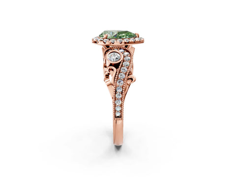 Rose gold Fancy Green Pear Cut Halo Diamond Ring with Milgrain and Bezel Accents on a Split Shank Band_2