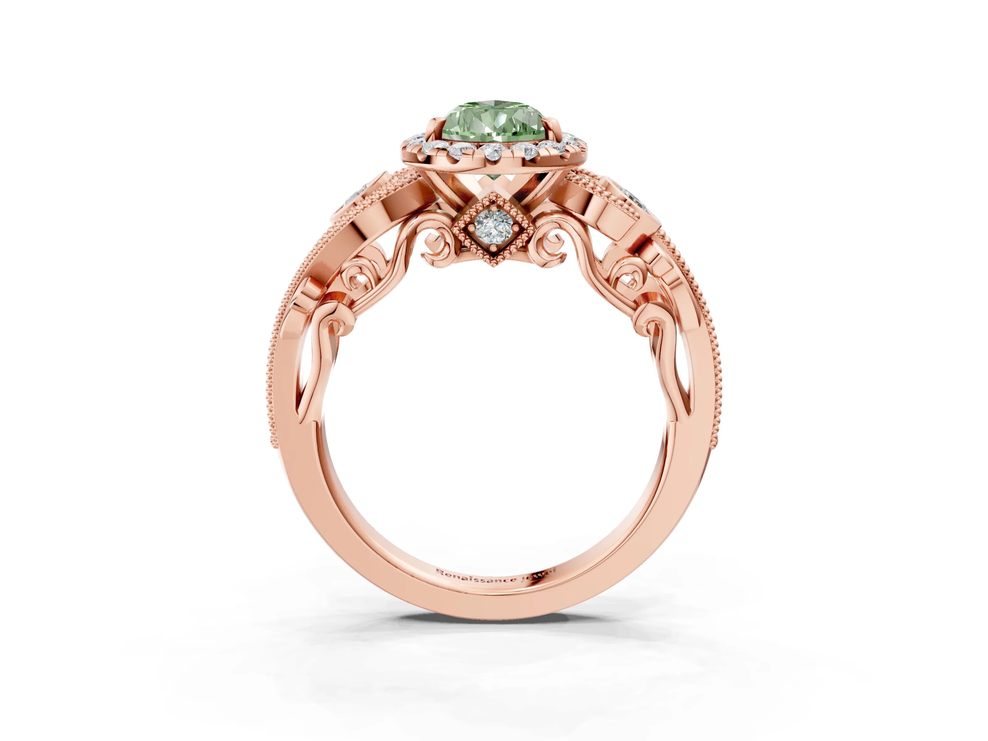 Rose gold Fancy Green Pear Cut Halo Diamond Ring with Milgrain and Bezel Accents on a Split Shank Band_3