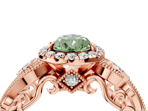 Rose gold Fancy Green Pear Cut Halo Diamond Ring with Milgrain and Bezel Accents on a Split Shank Band_4