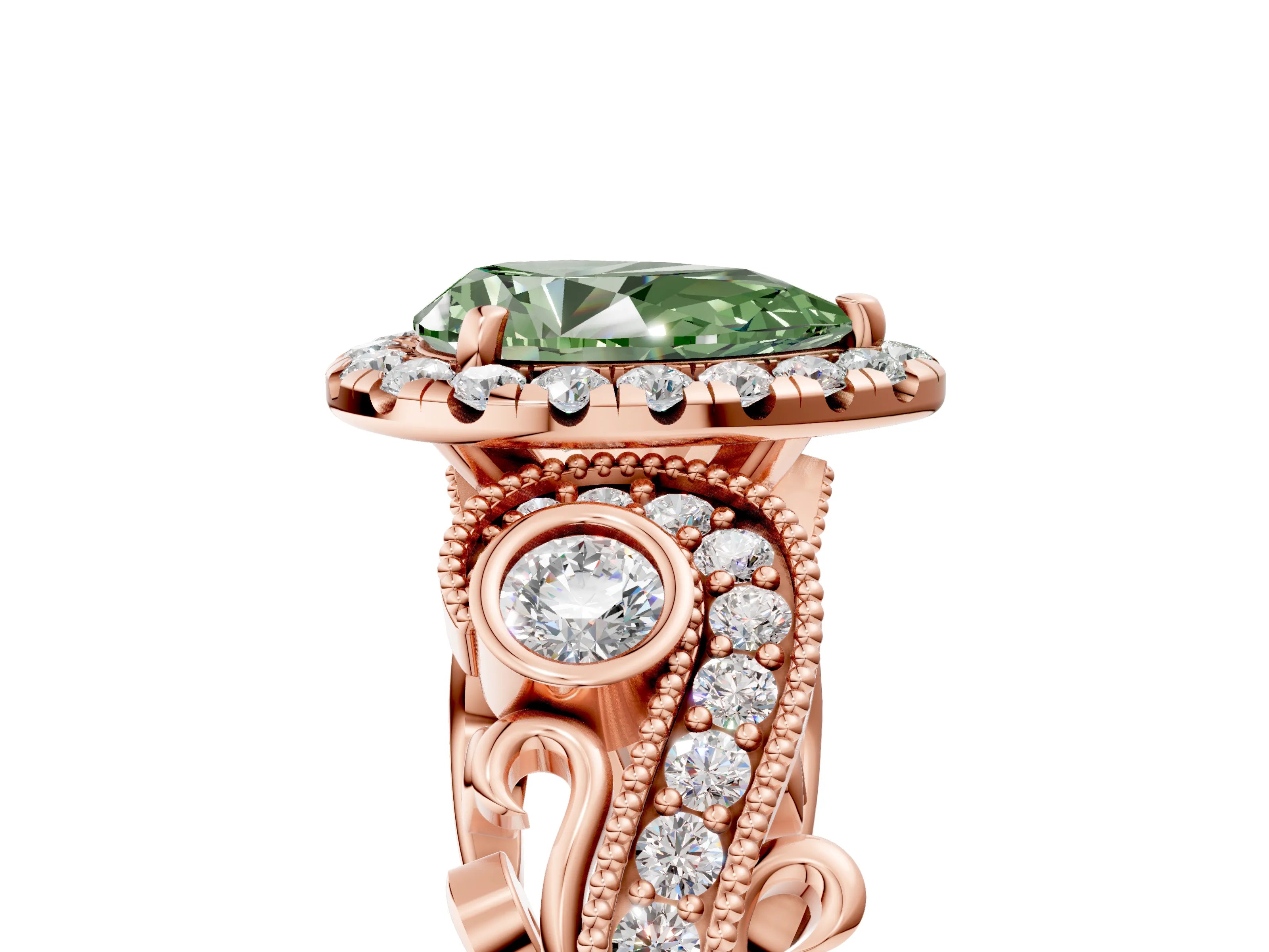 Rose gold Fancy Green Pear Cut Halo Diamond Ring with Milgrain and Bezel Accents on a Split Shank Band_5