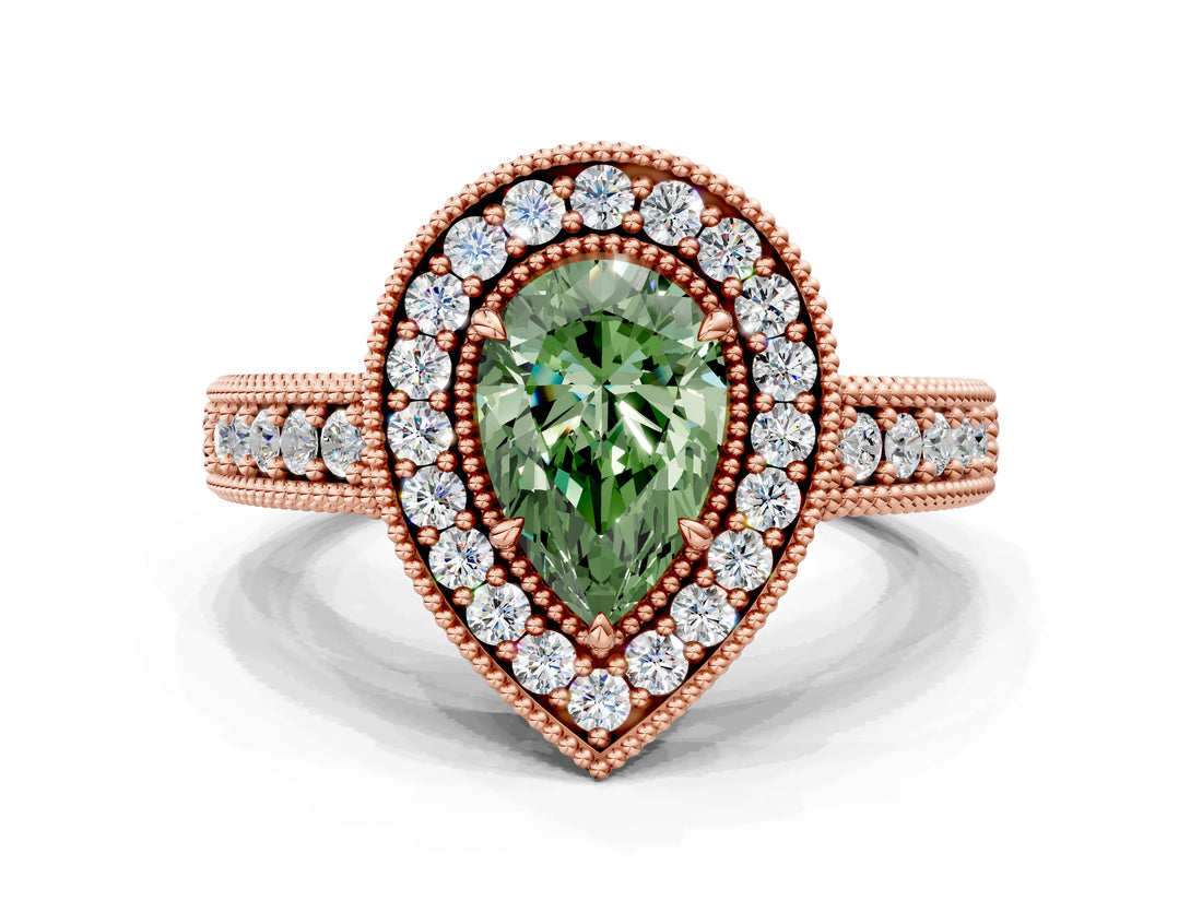 Rose gold Fancy Green Pear  Cut Halo Diamond Ring with Pavé Band and Four-Prong Setting_70