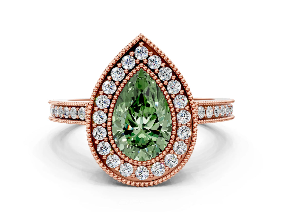 Rose gold Fancy Green Pear  Cut Halo Diamond Ring with Pavé Band and Milgrain Prong Setting_37