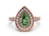 Rose gold Fancy Green Pear  Cut Halo Diamond Ring with Pavé Band and Milgrain Prong Setting_37