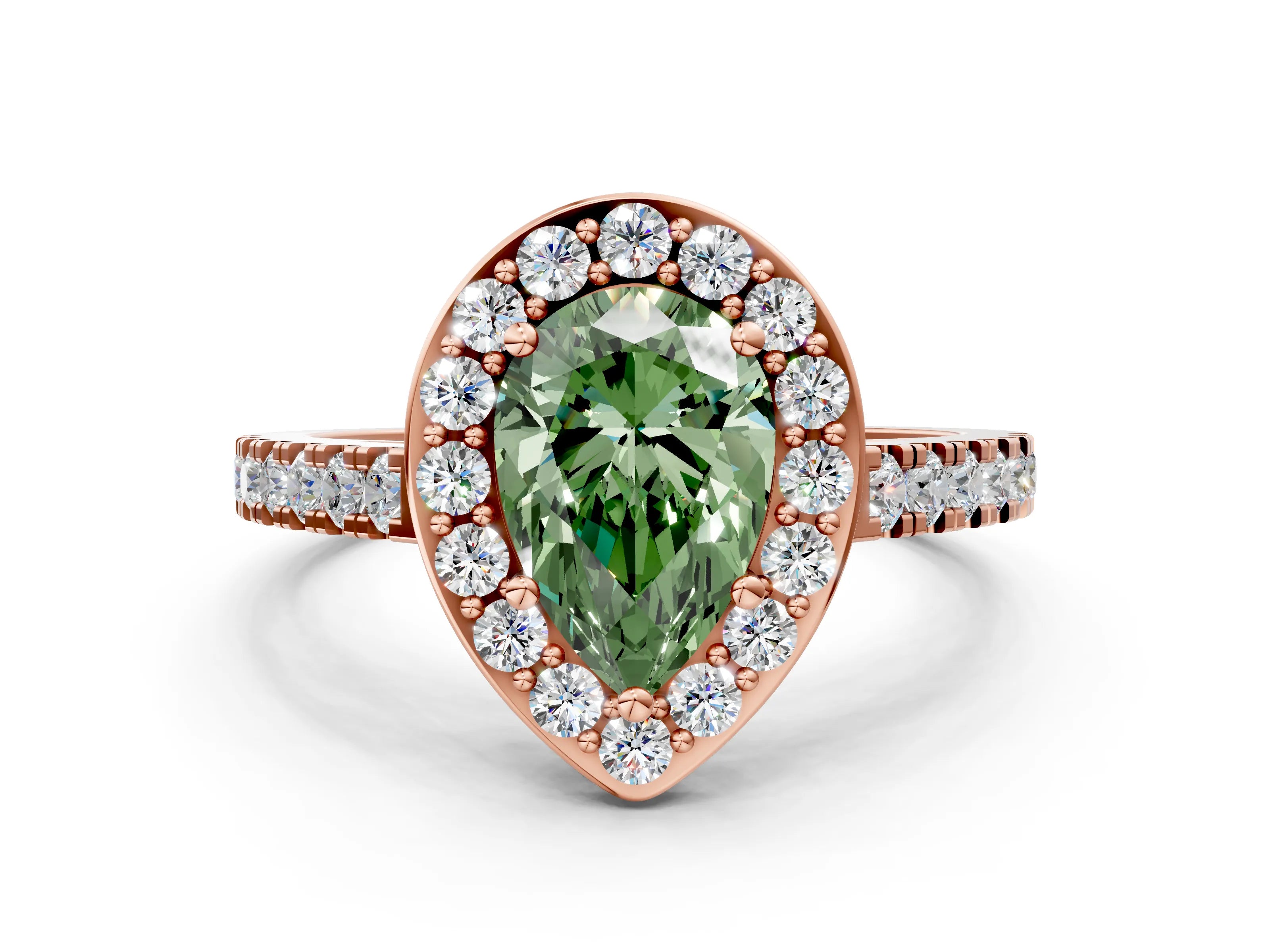 Rose gold Fancy Green Pear Cut Halo Diamond Ring with Pavé Band and Three-Prong Setting