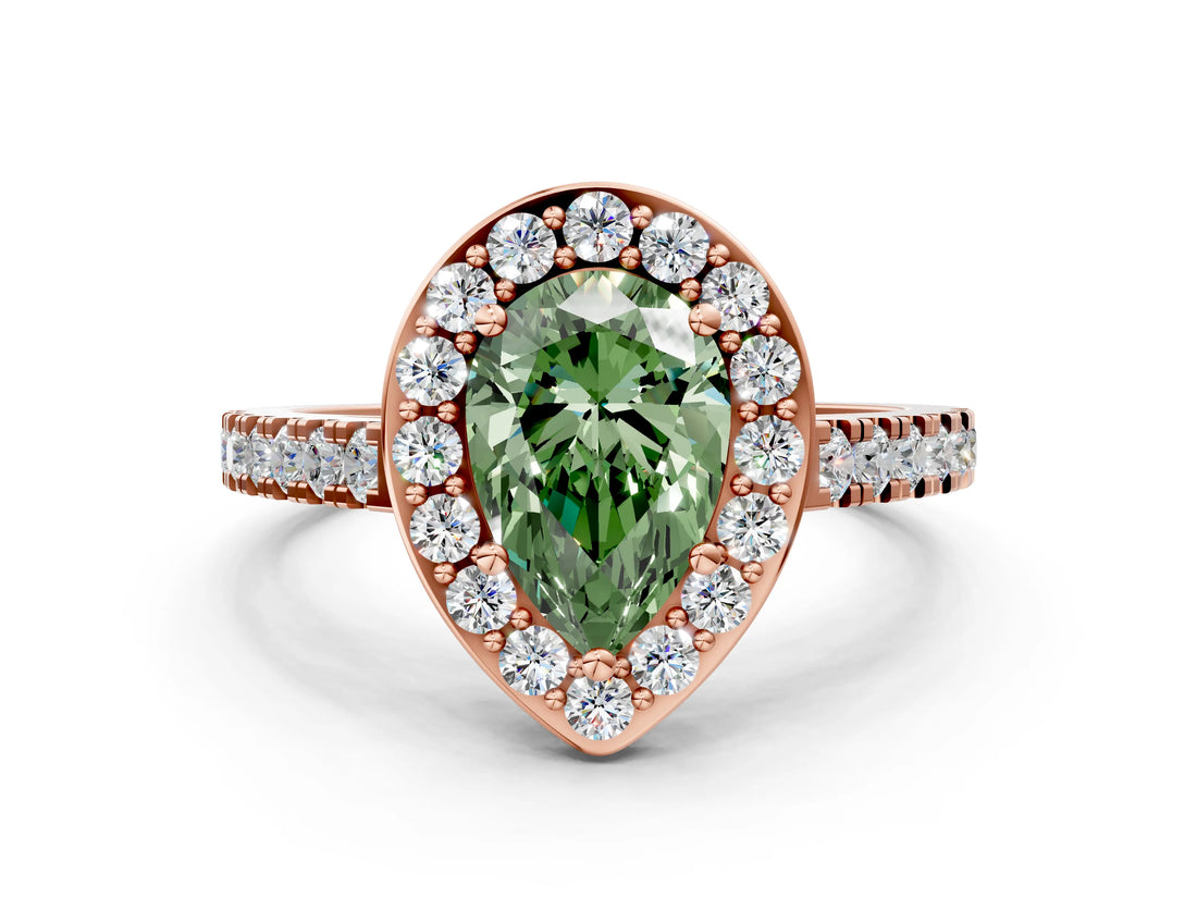 Rose gold Fancy Green Pear Cut Halo Diamond Ring with Pavé Band and Three-Prong Setting
