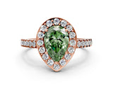 Rose gold Fancy Green Pear Cut Halo Diamond Ring with Pavé Band and Three-Prong Setting