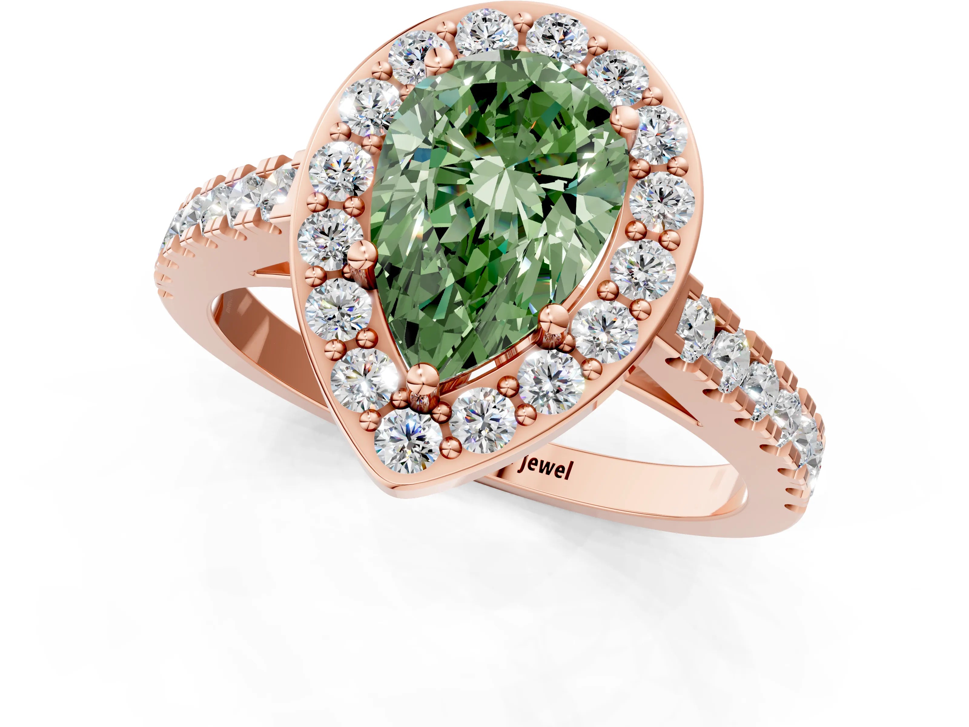 Rose gold Fancy Green Pear Cut Halo Diamond Ring with Pavé Band and Three-Prong Setting_1