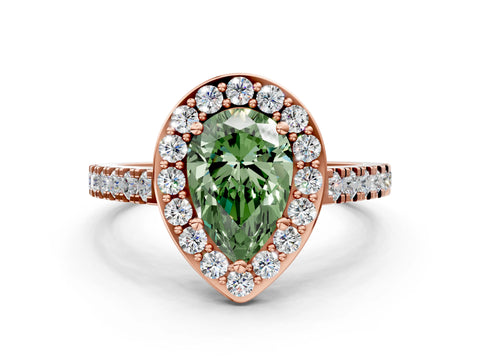 Rose gold Fancy Green Pear Cut Halo Diamond Ring with Pavé Band and Three-Prong Setting