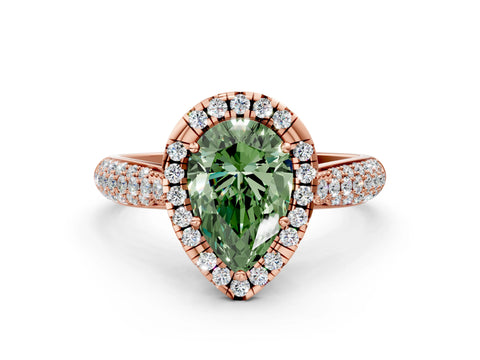 Rose gold Fancy Green Pear Cut Halo Diamond Ring with Pavé Band