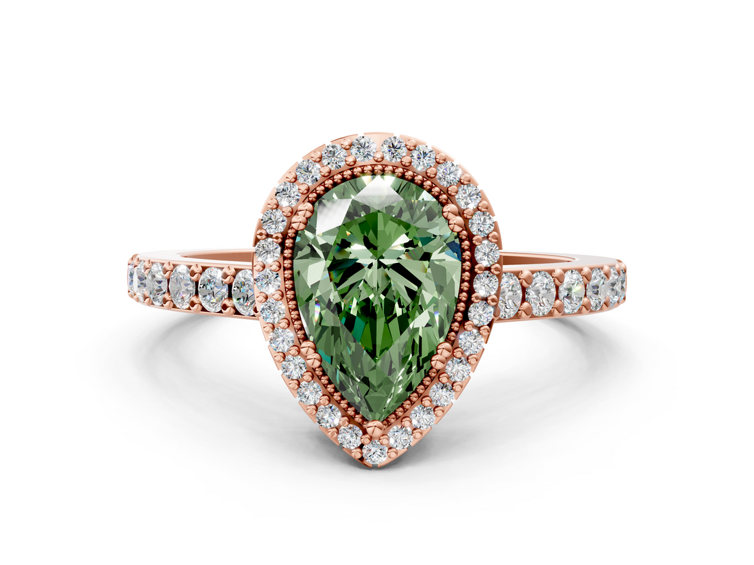 Rose gold Fancy Green Pear  Cut Halo Diamond Ring with Pave Band and Four-Prong Setting_24