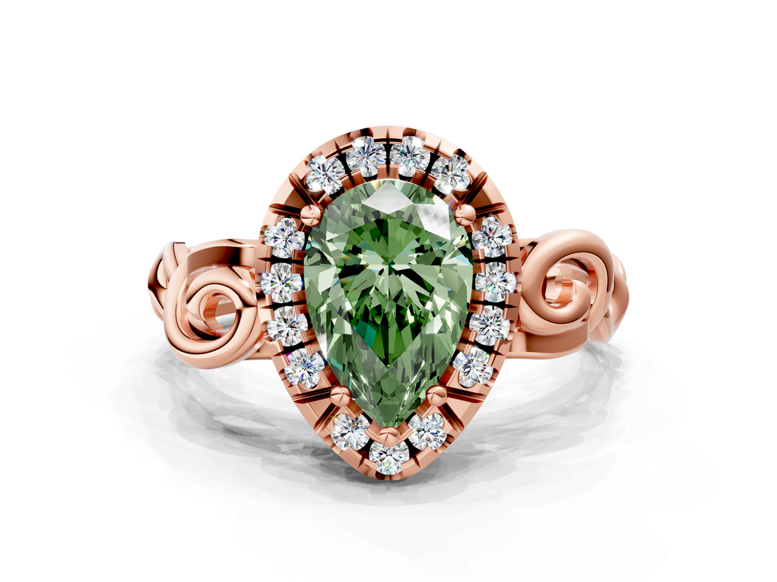 Rose gold Fancy Green Pear  Cut Halo Diamond Ring with Scrollwork Band and Four-Prong Setting_72