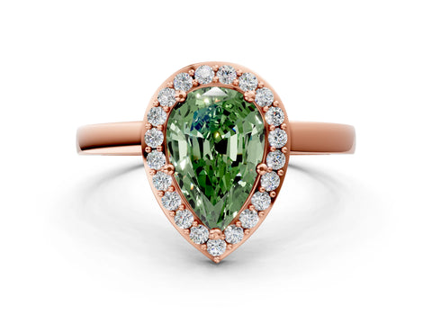 Rose gold Fancy Green Pear Cut Halo Diamond Ring with Solitaire Band and Prong Setting
