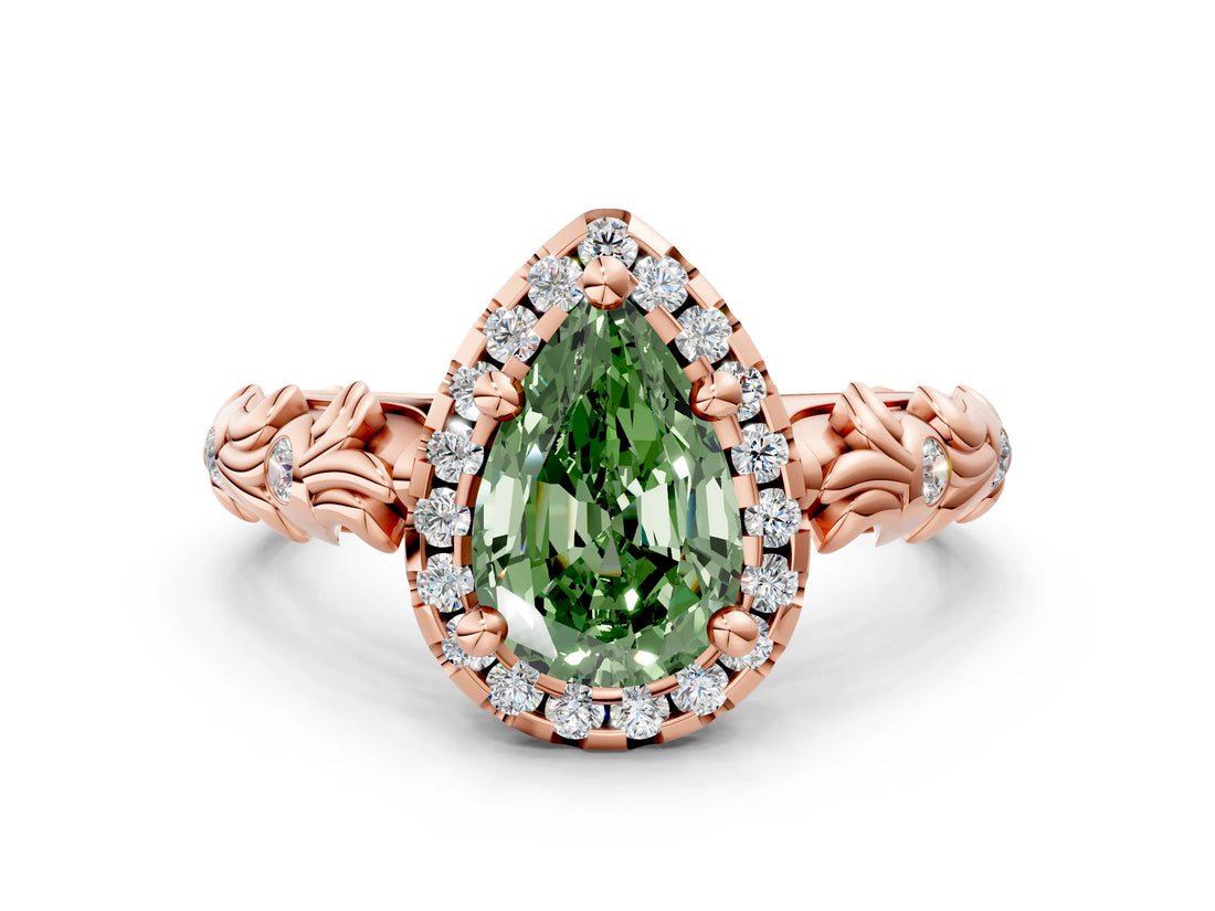 Rose gold Fancy Green Pear Cut Halo Diamond Solitaire with Filigree Band and Four-Prong Setting