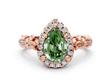 Rose gold Fancy Green Pear Cut Halo Diamond Solitaire with Filigree Band and Four-Prong Setting