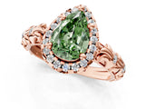 Rose gold Fancy Green Pear Cut Halo Diamond Solitaire with Filigree Band and Four-Prong Setting_1