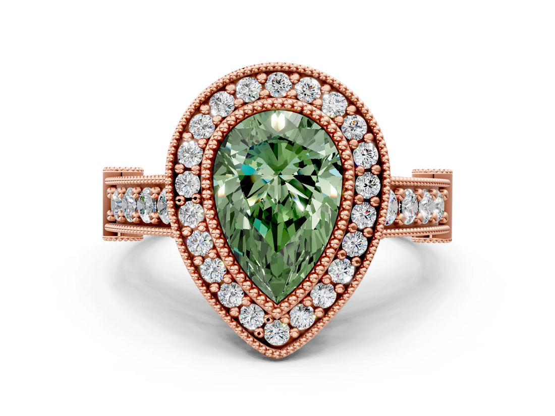 Rose gold Fancy Green Pear Cut Halo Diamond Split Shank Pave Ring