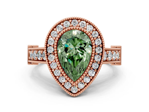 Rose Gold Pear-Shaped Vintage Bezel Halo Engagement Ring Setting for Fancy Green Center