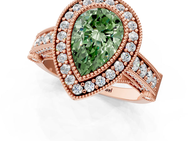 Rose Gold Pear-Shaped Vintage Bezel Halo Engagement Ring Setting for Fancy Green Center