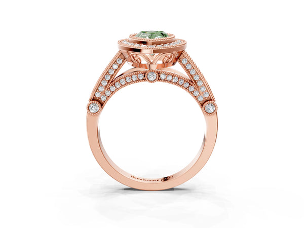 Rose Gold Pear-Shaped Vintage Bezel Halo Engagement Ring Setting for Fancy Green Center