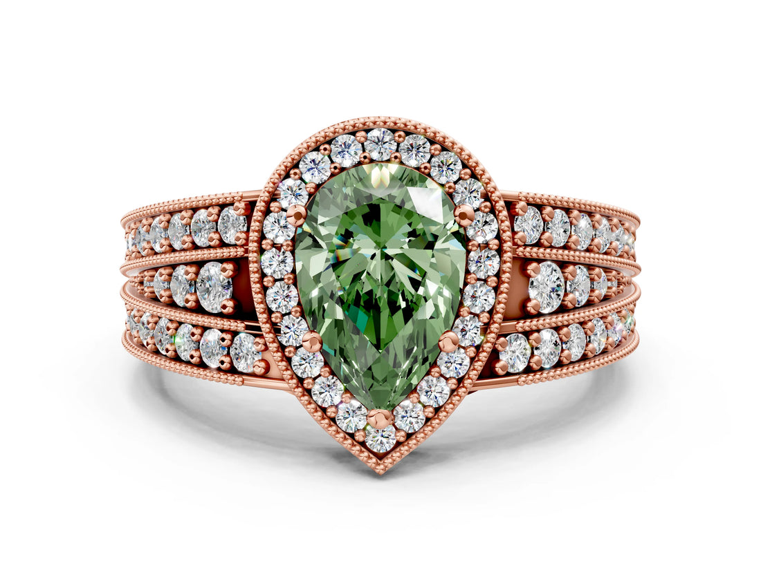 Rose gold Fancy Green Pear Cut Halo Diamond Split Shank Ring with Prong Setting