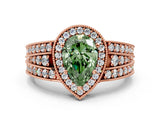 Rose gold Fancy Green Pear Cut Halo Diamond Split Shank Ring with Prong Setting
