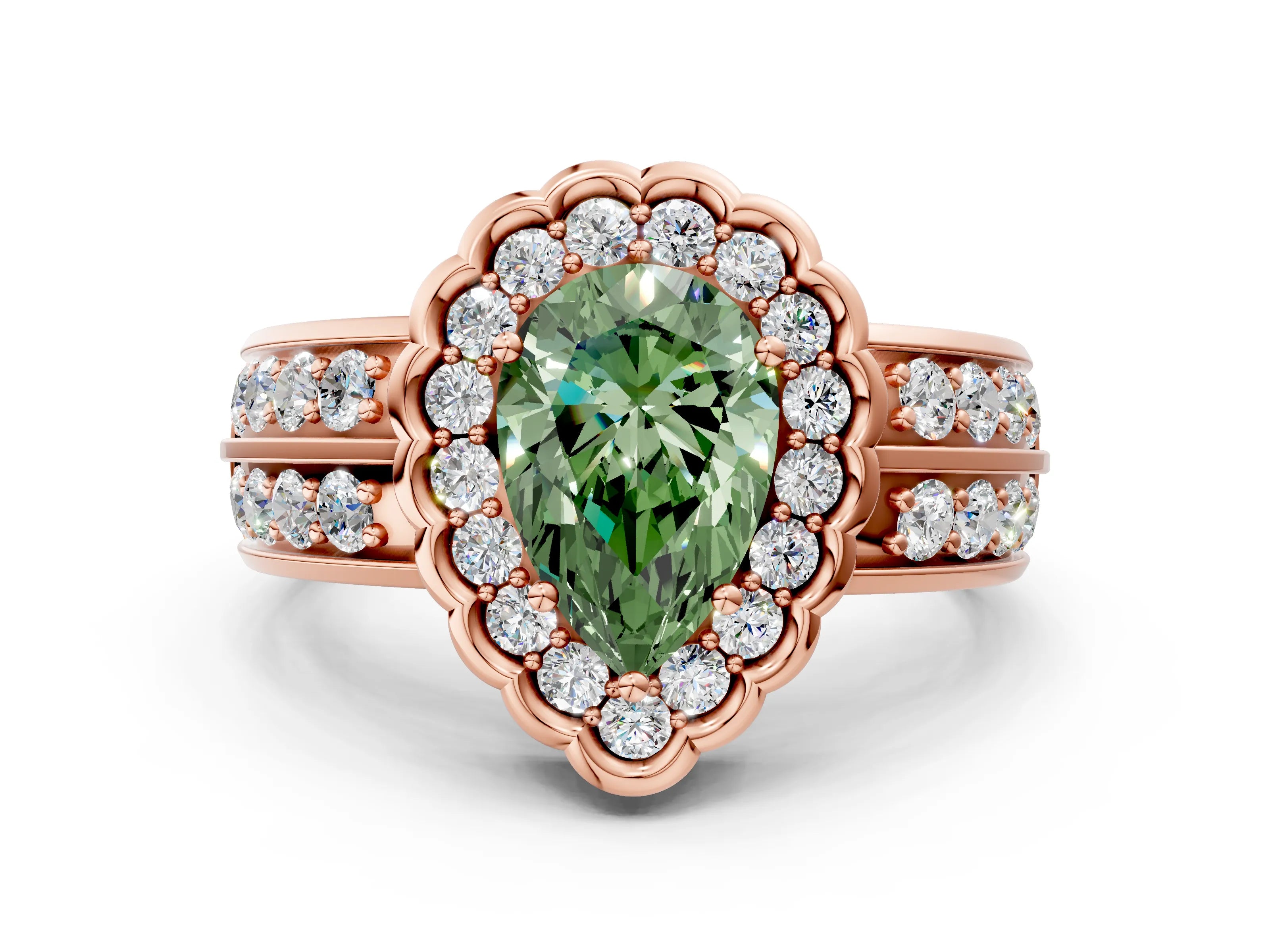 Rose gold Fancy Green Pear Cut Halo Diamond Split Shank Ring with Scalloped Prong Setting