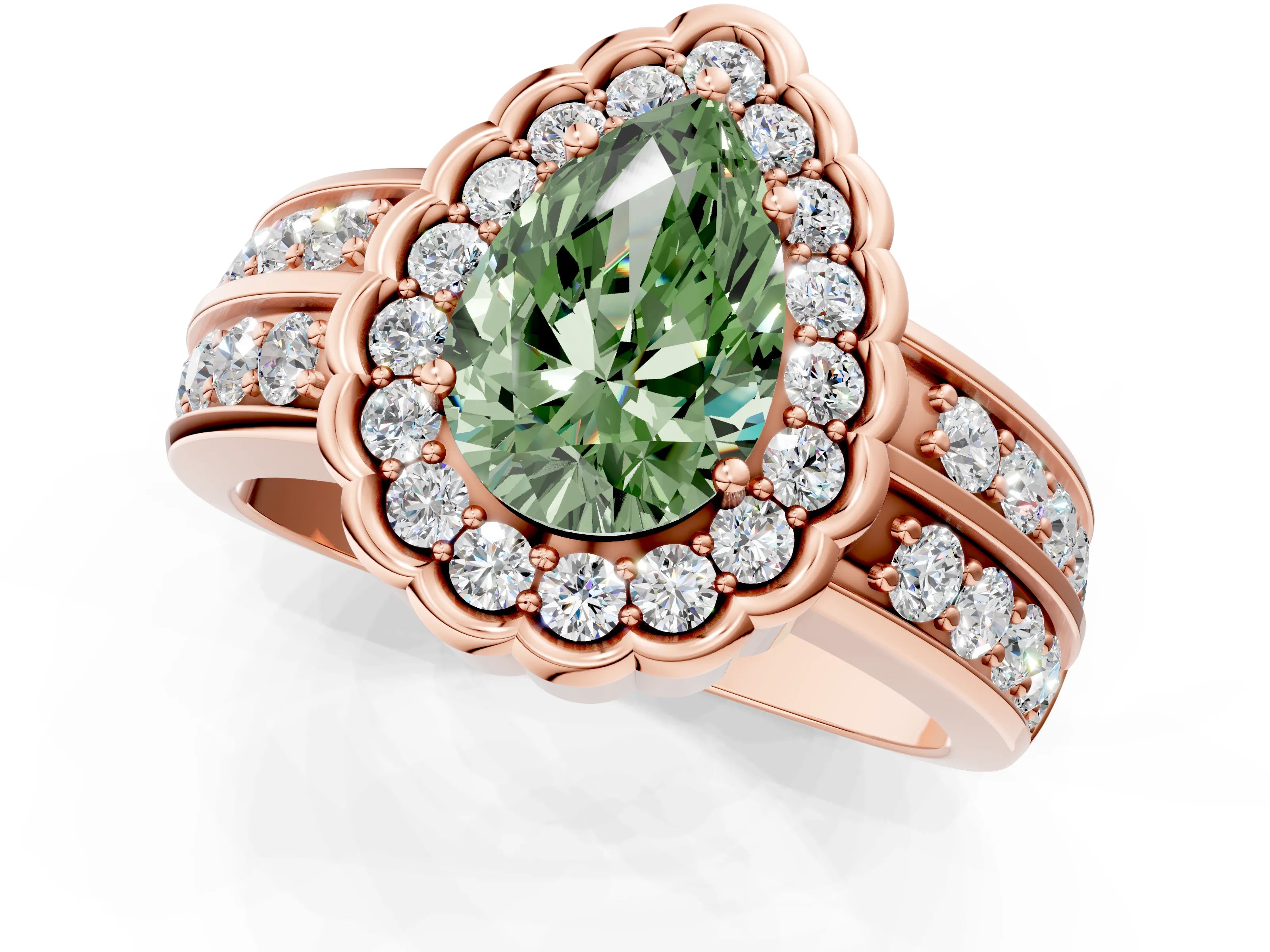 Rose gold Fancy Green Pear Cut Halo Diamond Split Shank Ring with Scalloped Prong Setting_1