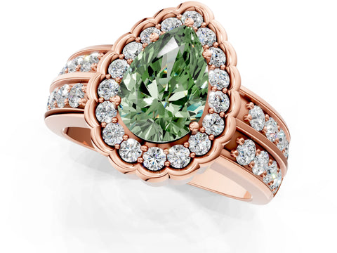 Rose gold Fancy Green Pear Cut Halo Diamond Split Shank Ring with Scalloped Prong Setting_1