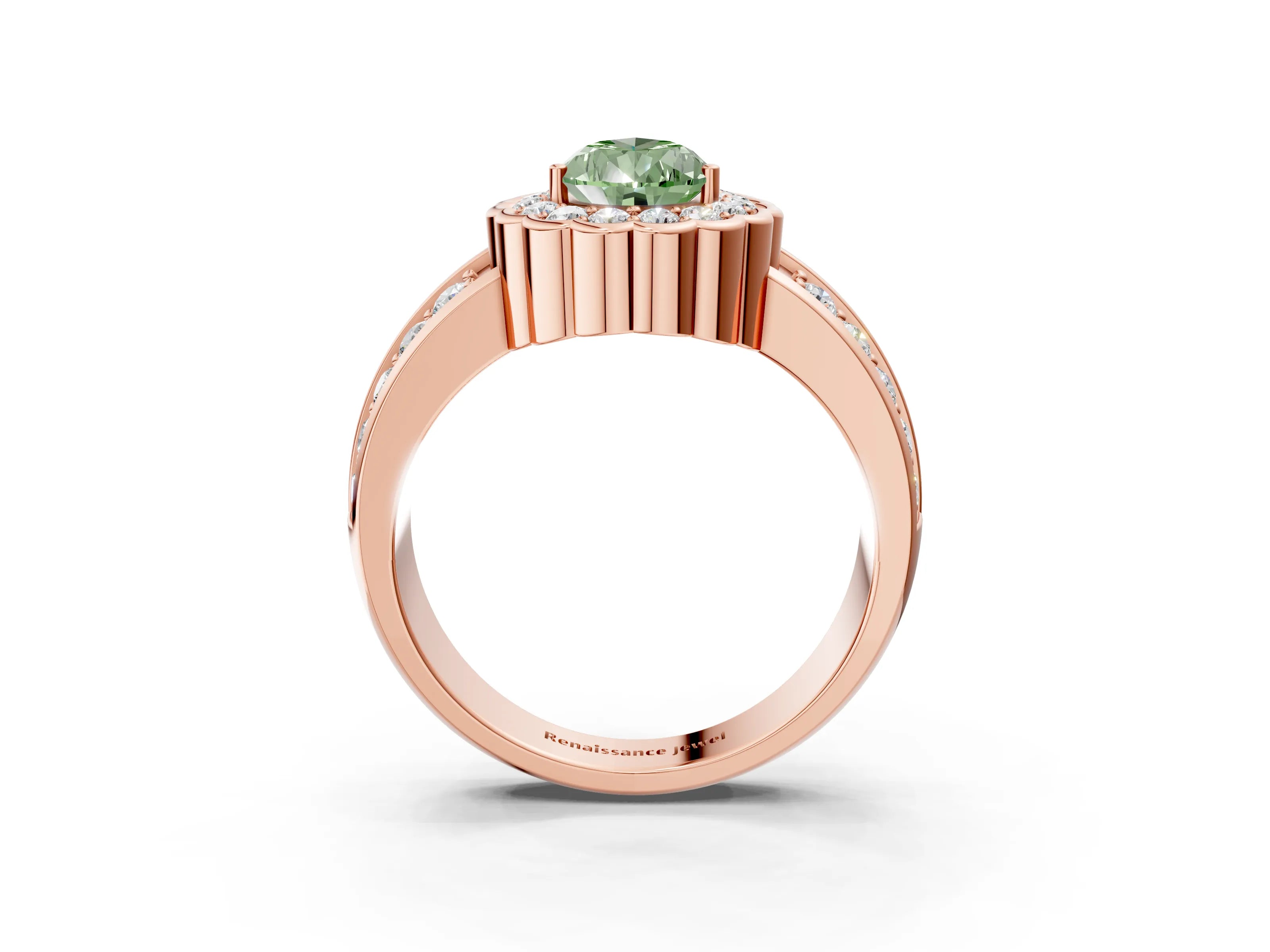Rose gold Fancy Green Pear Cut Halo Diamond Split Shank Ring with Scalloped Prong Setting_3