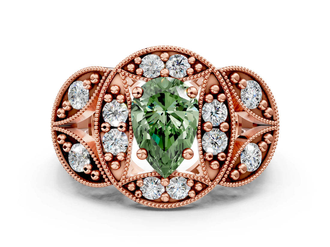 Rose gold Fancy Green Pear Cut Halo Milgrain Diamond Engagement Ring with Leaf Band and Four-Prong Setting