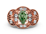 Rose gold Fancy Green Pear Cut Halo Milgrain Diamond Engagement Ring with Leaf Band and Four-Prong Setting