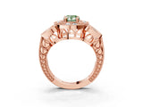 Rose gold Fancy Green Pear Cut Halo Milgrain Diamond Engagement Ring with Leaf Band and Four-Prong Setting_3
