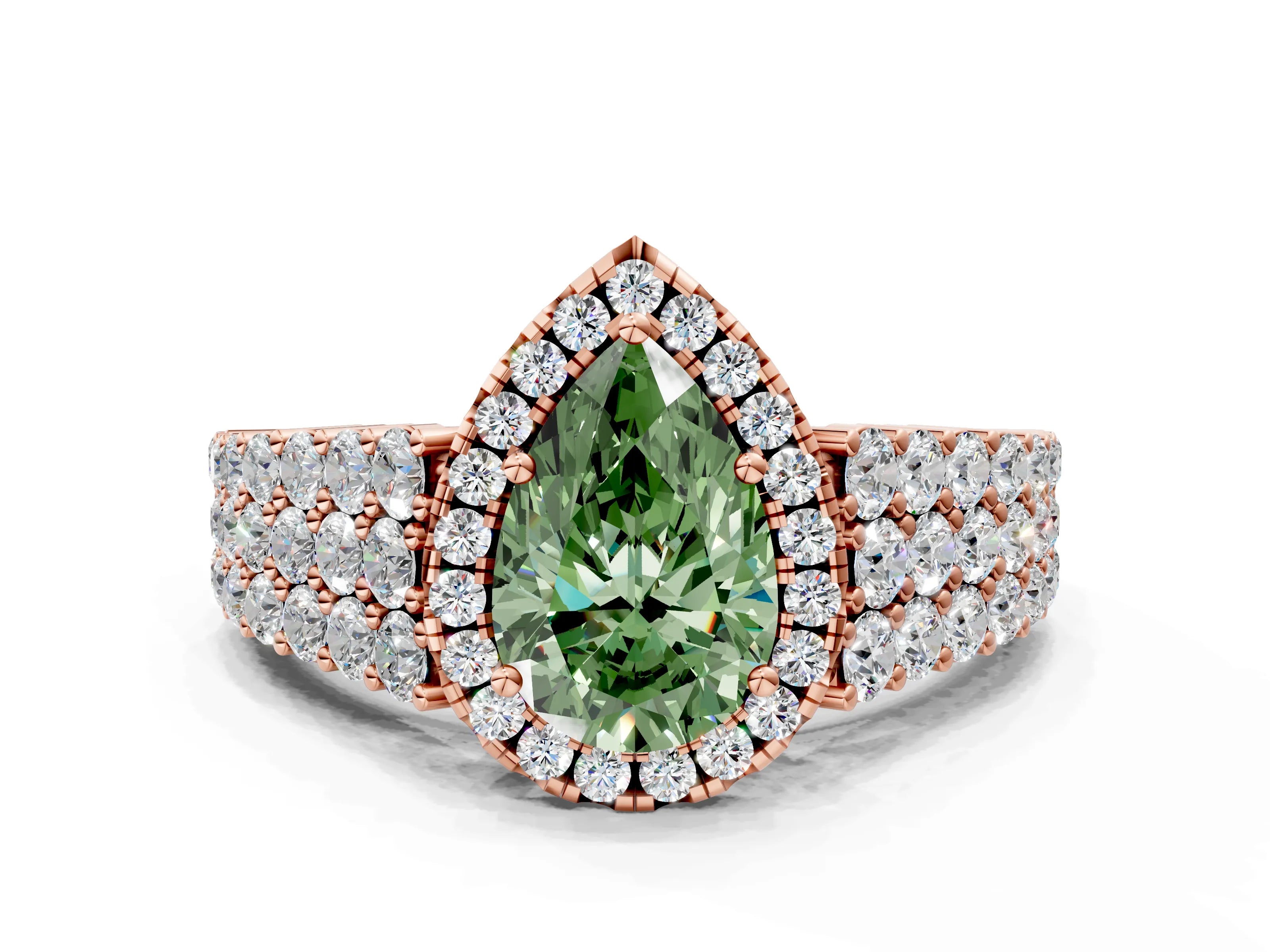 Rose gold Fancy Green Pear Cut Halo Pavé Diamond Engagement Ring with Split Shank and Four-Prong Setting_3