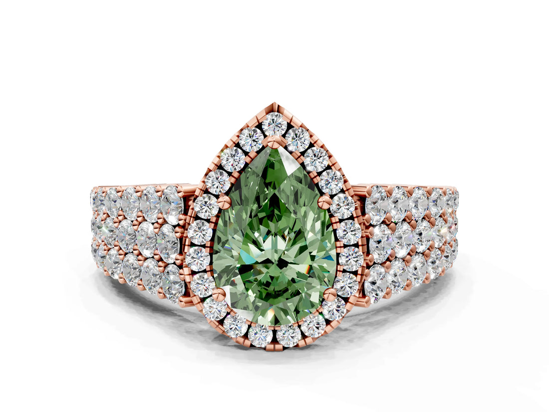 Rose gold Fancy Green Pear Cut Halo Pavé Diamond Engagement Ring with Split Shank and Four-Prong Setting_3