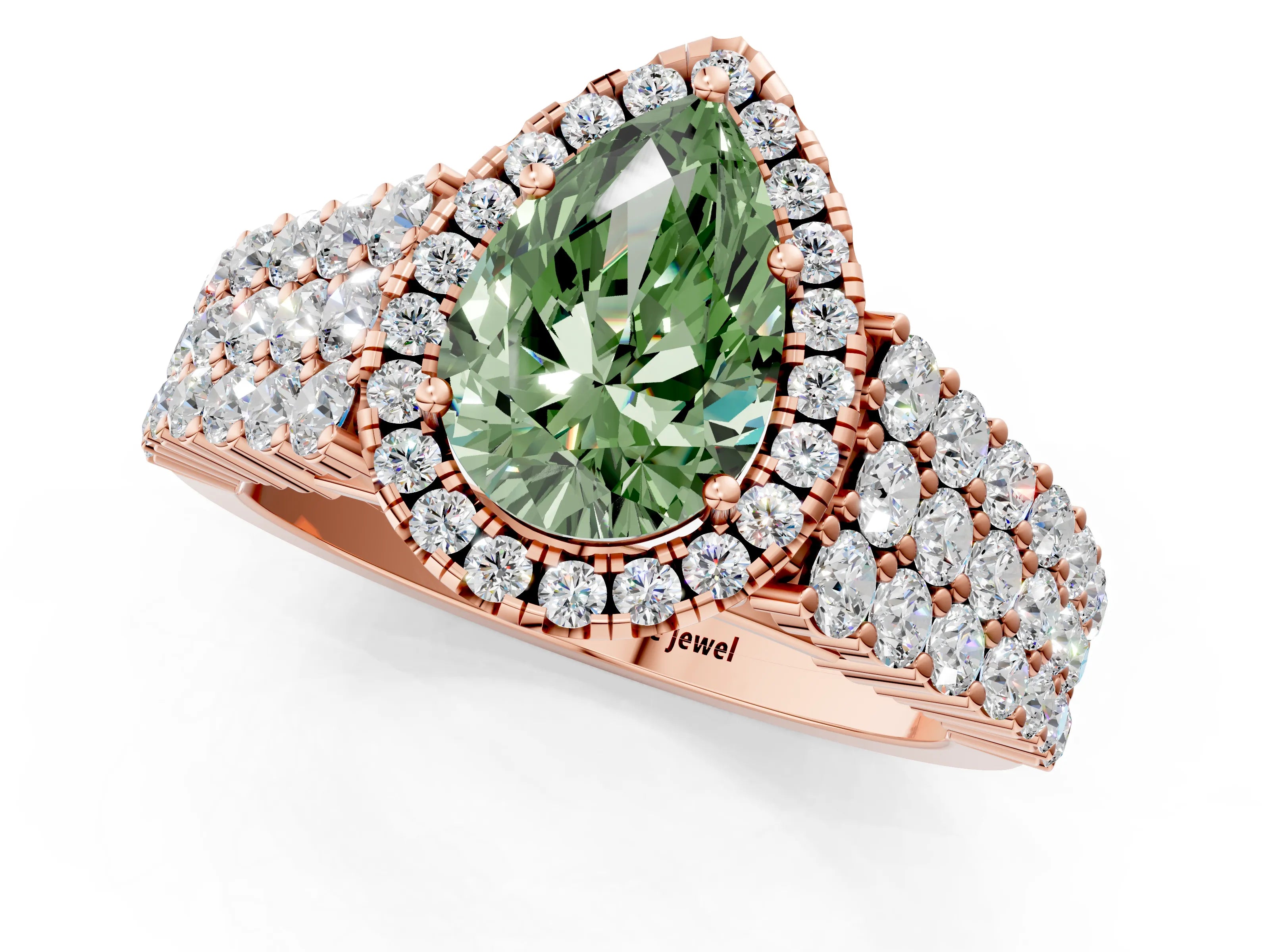 Rose gold Fancy Green Pear Cut Halo Pavé Diamond Engagement Ring with Split Shank and Four-Prong Setting_4