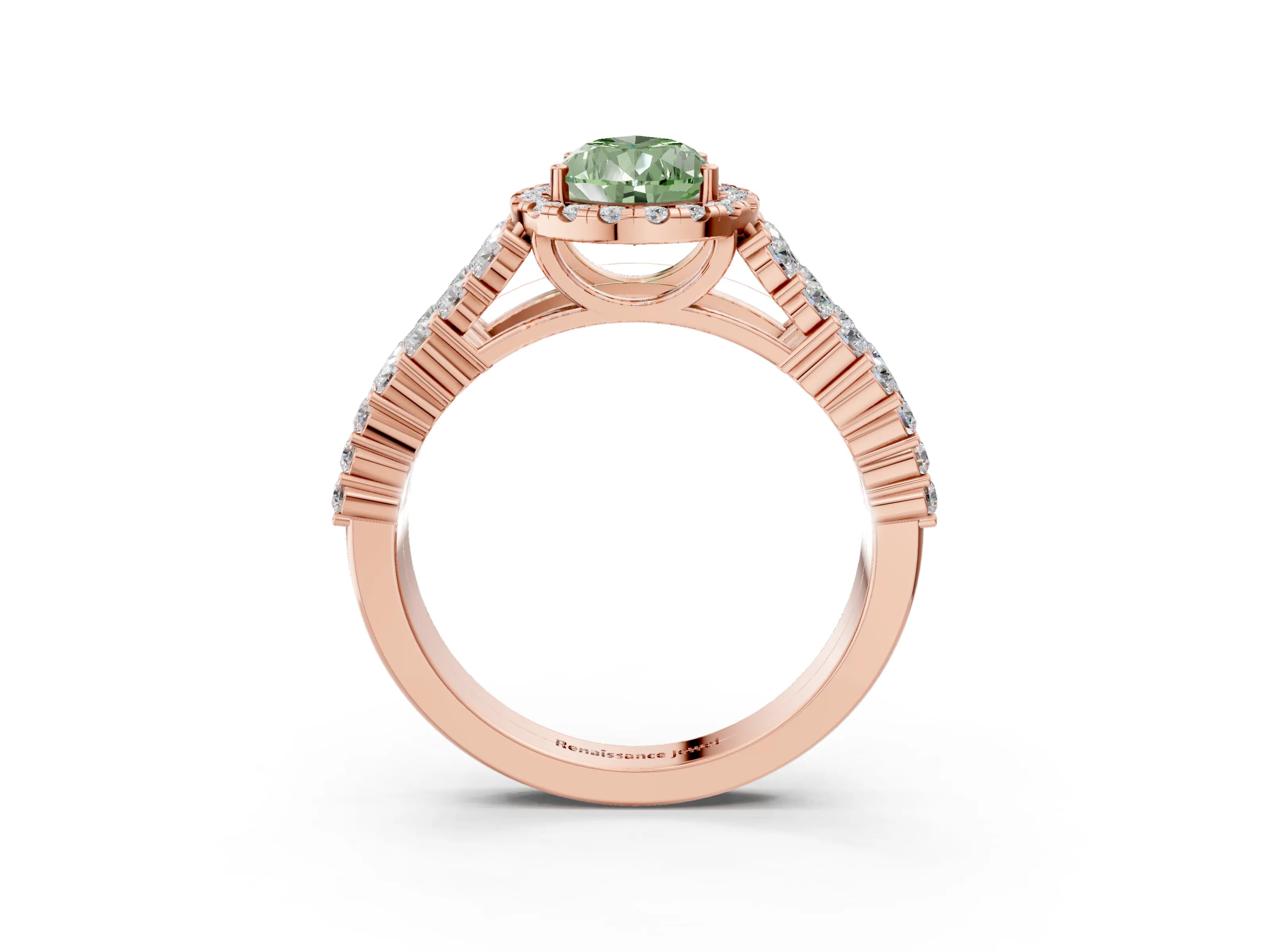 Rose gold Fancy Green Pear Cut Halo Pavé Diamond Engagement Ring with Split Shank and Four-Prong Setting_6