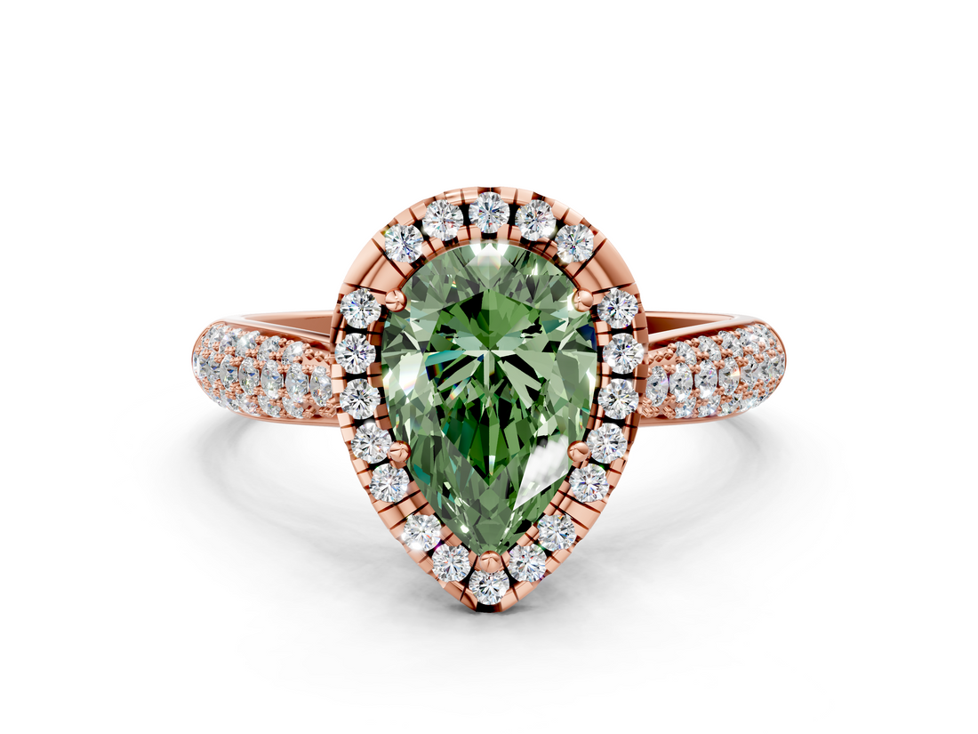 Rose gold Fancy Green Pear  Cut Halo Pave Band Four-Prong Setting Ring_37