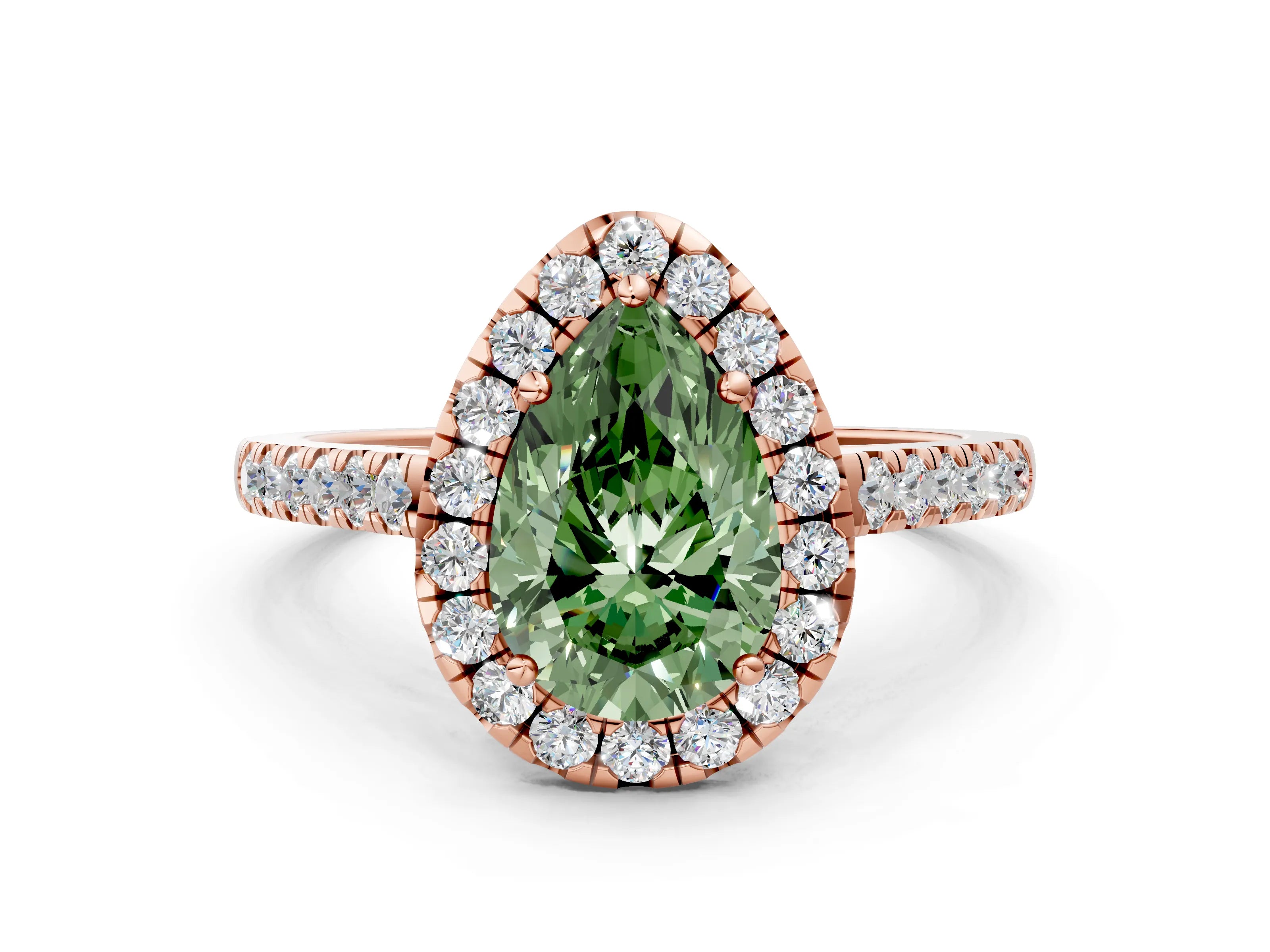 Rose gold Fancy Green Pear Cut Halo Pave Diamond Engagement Ring with Four-Prong Setting