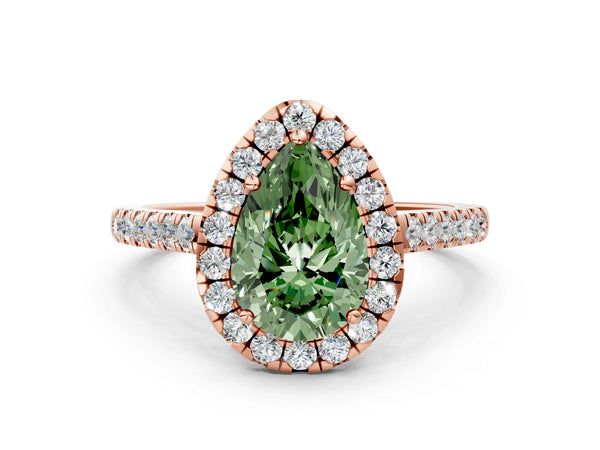 Rose gold Fancy Green Pear Cut Halo Pave Diamond Engagement Ring with Four-Prong Setting