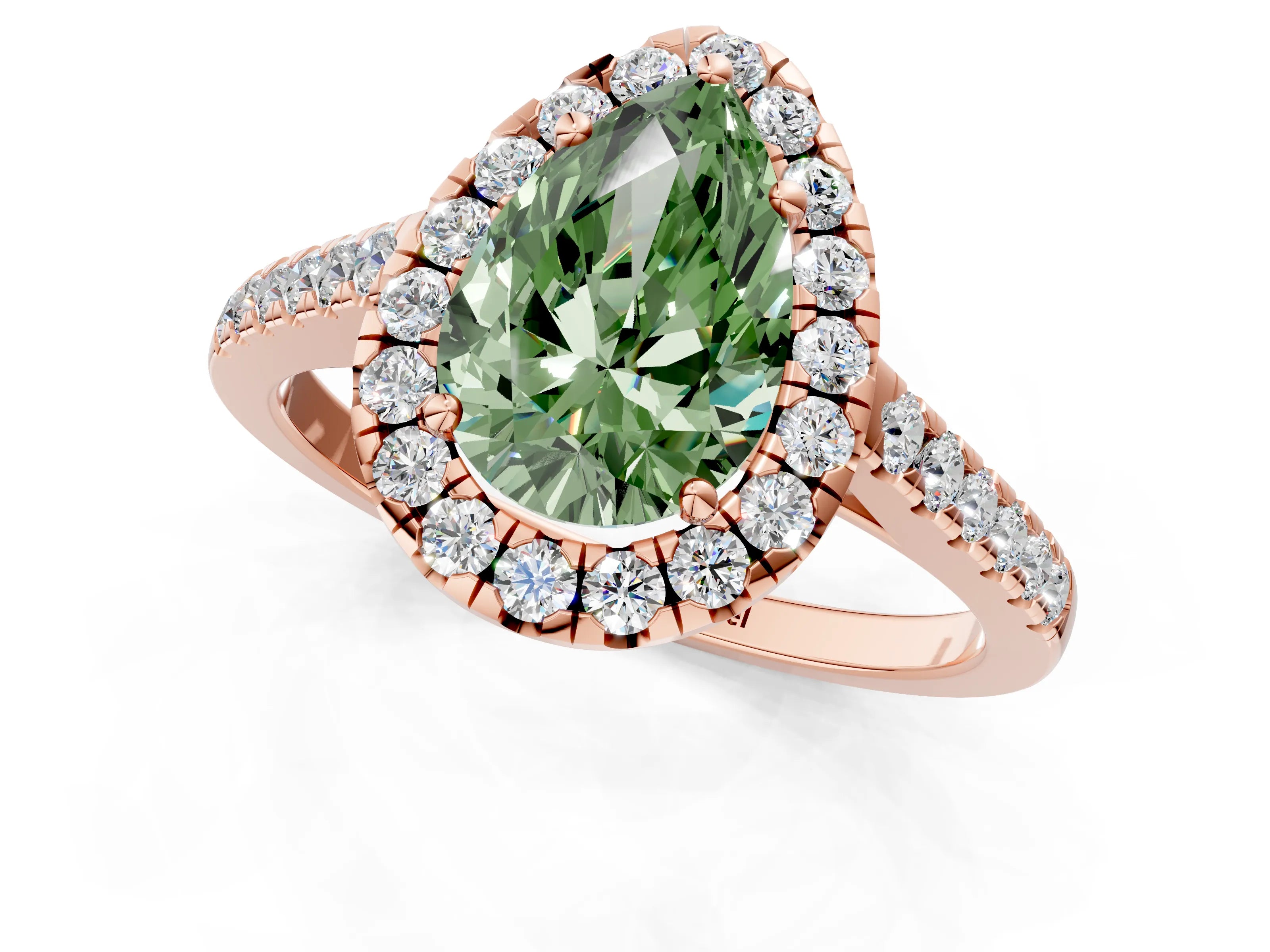 Rose gold Fancy Green Pear Cut Halo Pave Diamond Engagement Ring with Four-Prong Setting_1